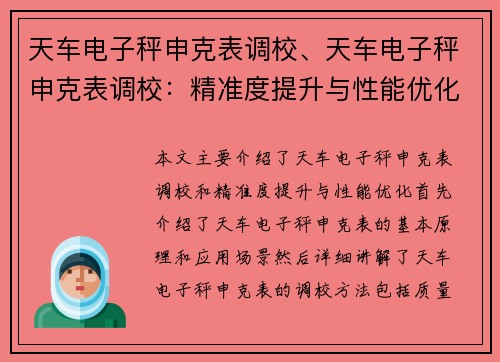 天车电子秤申克表调校、天车电子秤申克表调校：精准度提升与性能优化